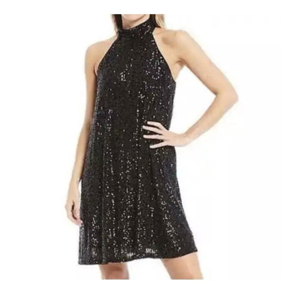 Belle Badgley Mischka Women Halter Neck Black Sequin Mini Shift Dress Size 2 47